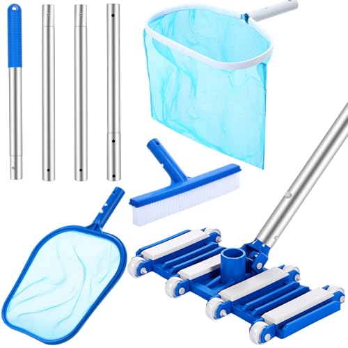 Tioncy 5 Pcs Pool Vacuum Cleaning Kit Includes Right Corner Pool Vacuum, 2 Skimmer Nets with 47\" Adjustable Pole and 1 Brush for Above Ground Ponds Hot Tub Spa Wall Floor Cleaning Maintenance
