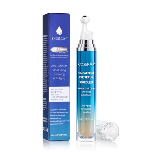 COSMOO Eye Serum,360°Rolling Massage Ball Under Eye Cream with 5% Caffeine,8% Retinol,Hyaluronic Acid for Dark Circles,Puffiness,Wrinkles Fine Lines,0.5 fl. oz