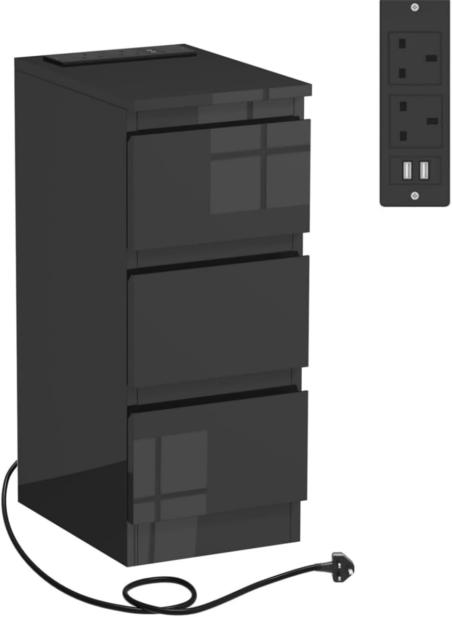 Menaka 25CM Narrow Bedside Table Cabinet with Charging Station, Slim 3 Drawers Side Table Sofa Table Bed Side Nightstand with 2 USB Ports & Power Sockets for Bedroom Living Room