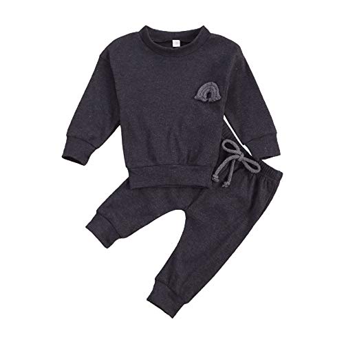 Image of Infant Baby Girl Boy Solid Knit Outfit Rainbow Embroideried Shirt Blouse Top Drawstring Pants Fall Winter Outfit (Black Grey, 0-6 Months)