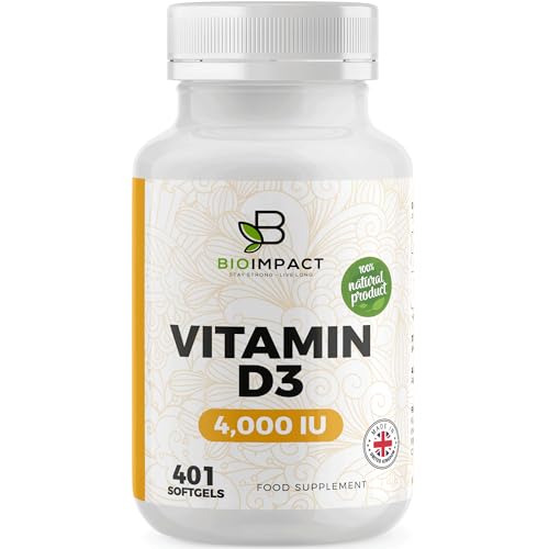 BIOIMPACT Vitamin D3 4,000 IU Softgel Tablets | High Strength | Premium Olive Oil | 401 Easy to Swallow Softgels | 1 Year+ Supply | Supports Immune System | Non-GMO & Gluten-Free | UK Manufactured