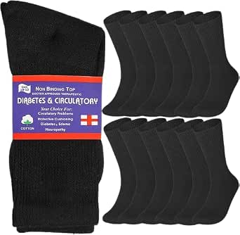 Diabetic & Circulatory Crew Socks - 3 To 12 Pairs, Men's & Women's Cotton Socks (Sizes 9-11 & 10-13)