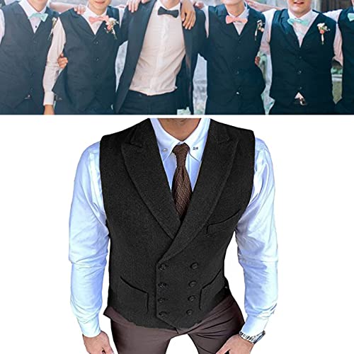 Men's Double Breasted Herringbone Tweed Waistcoat Vintage Lapel Business Wedding Suit Vest for Tuxedo Suit (Color : Black, Size : 5X-Large)4