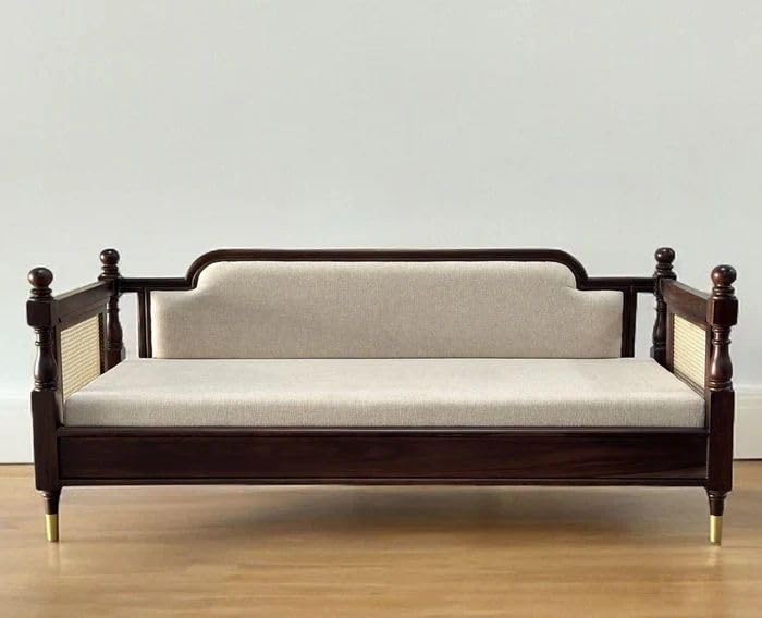 Premium Solid Wood Cane Daybed Sofa | Wooden Rattan Panel Couch with Upholstered Cushion | Mid-Century Modern Living Room Sofa | Walnut Finish 3 Seater Lounge Furniture (Gray)-image-16