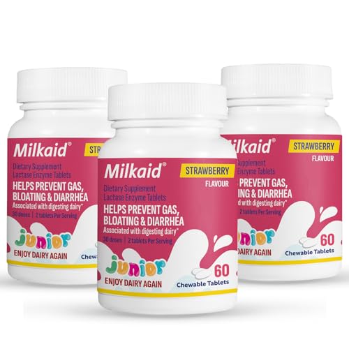 Milkaid Junior Lactase Enzyme Chewable Tablets for Lactose Intolerance | Prevents Gas Bloating Diarrhea in Children| Fast Acting Dairy Digestive Supplement for Kids| Strawberry Flavor | 60 ct (3)