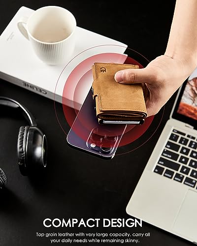 Image of Mens Wallet Card Holder for AirTag, Leather Smart Wallet for Men, Airtag Wallet Pop Up Wallet, RFID Blocking, Slim, Minimalist, Large Capacity - 14-18 Card Capacity | ID Window | Cash Slot (Brown)