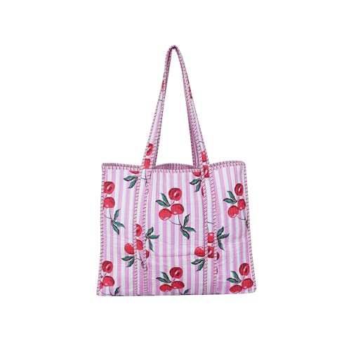 Image of scorpionbliss Indian Cotton Quilted Tote Bag Women shoulder Bag Carry, shopping Beach Bag Summer Holiday Essentials Shopping Travel Bag with Pockets Handbags for Women (Red-Cherry)