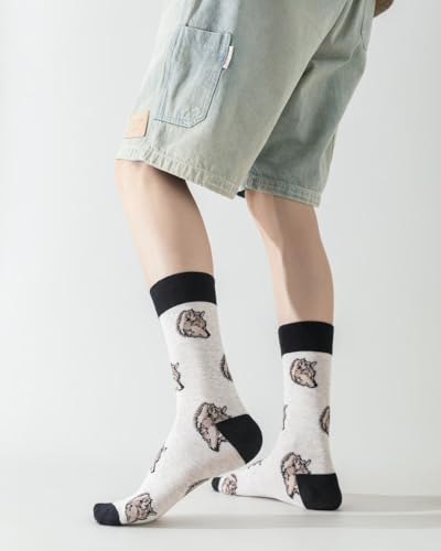 Image of 5 Pairs Cute Animal Crew Socks Fun Casual Cotton Calf Socks for Women (US, Alpha, One Size, Regular, Regular, Wolf)