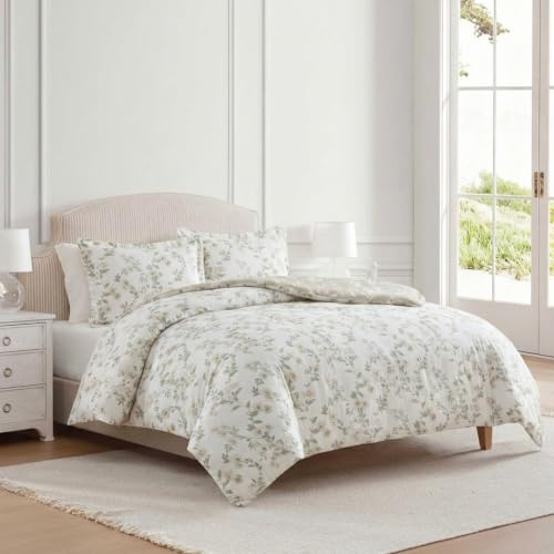Image of Martha Stewart - Twin Comforter Set, Soft Cotton with Crisp & Tailored Naturally Smooth Cotton Percale Reverse, 2 Piece Bed Set with Matching Pillowcase (Hazel Floral Beige)