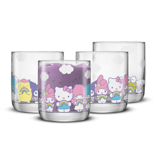 JoyJolt Hello Kitty & Friends Rainbow Short Drinking Glasses, Lowball Glasses Set of 4, 10oz Glass Tumblers ft Sanrio Characters Cinnamoroll Kuromi My Melody and More, Kawaii Hello Kitty Glassware