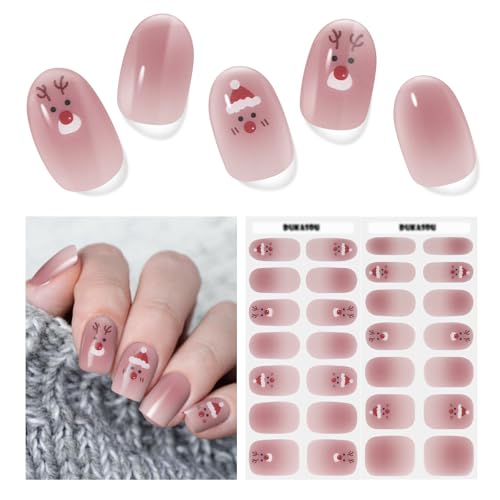 Semi Cured Gel Nail Strips 28 Pieces Christmas Santa Nail Stickers/Wraps Red Gel Stickers for Nails Works with Any UV Lamp