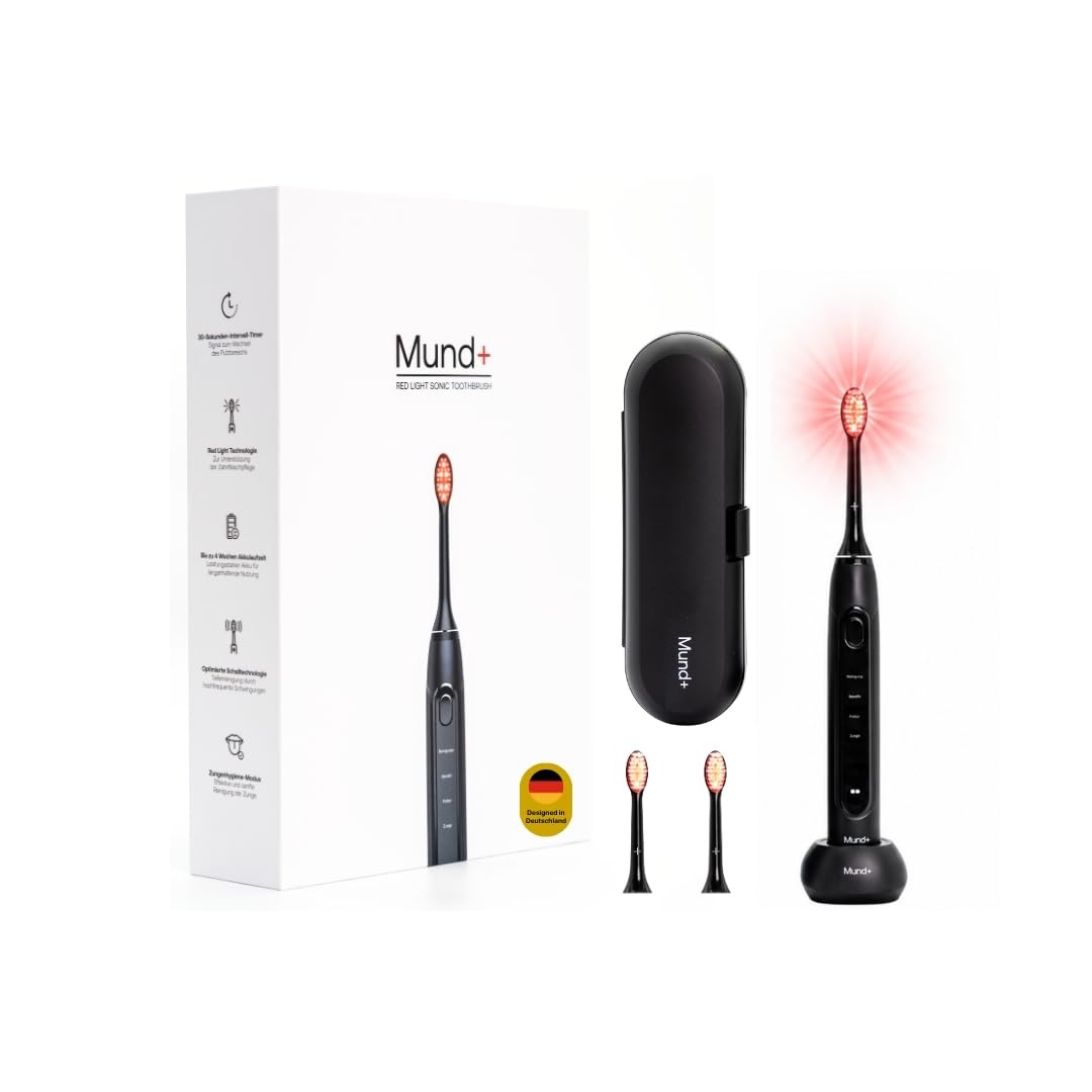 Mund+ Elektrische Zahnbürste mit Redlight Technologie, Schallzahnbürste (Rotlicht) mit 2 Aufsätzen, Travelbox & Ladestation in Schwarz