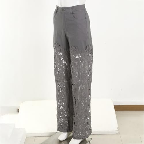 Women High Waisted Jeans Straight Leg Denim Pants Causal Patchwork Jean Denim Pant with Lace Fashion Trouser with Pockets3