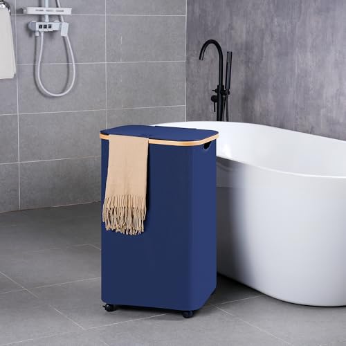 Image of efluky Laundry Basket with Wheels, Tall Rolling Laundry Hamper with Lid and Removable Bag, Aesthetic Dirty Clothes Hamper on Wheels for Laundry Room, Bedroom, Dorm and Bathroom, 100L Blue