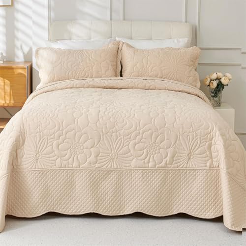 Cmfshape Oversized King Quilt Set Bedspread 128x120-Beige California King Quilts 3 PCS-Lightweight Quilted Bedding Extra Large-Floral Coverlet for All Season by Cmfshape - Used condition - Image 4