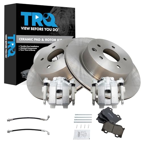Image of TRQ Rear Brake Pad and Rotor Set Ceramic Rotors Calipers Hoses Compatible with 2010-2015 Nissan 370Z