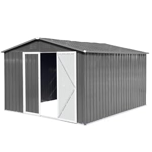 Ball Cast 10×12 FT Sheds Outdoor StorageMetal Aluminum Garden Shedwith Punched VentsWaterproof Cabinet wHinged Door and PadlockTool House for Storing BicyclesLawnmowersBarbequesGrey