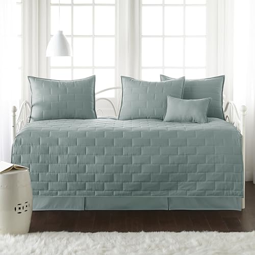 Image of Southshore Fine Living, Inc. Twin Daybed Comforter Set, 6-Piece Twin Bedding Set with Daybed Cover, 3 Pillow Shams, Bed Skirt, Throw Pillow - Day Bed Quilt Set, Brickyard Teal