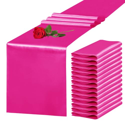 Yblut 15 Pack Satin Table Runner 12 x 108 Inch Long Fuchsia Silk Table Runner for Wedding Party Banquet Birthday Decoration