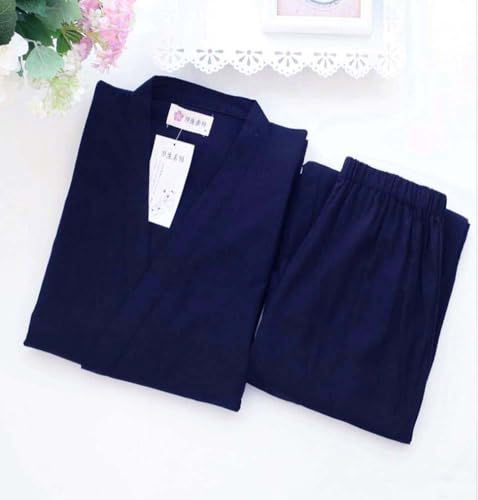 Fendawn Strive Classical Simple Japanese Style Cotton Bathrobe Pajamas Kimono Casual Clothes Unisex, Medium, Navy Blue3