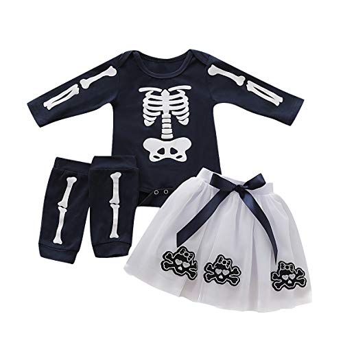 Haokaini Completi per Halloween Baby Girls, Skull Skeleton Pagliaccetto Gonna Scaldamuscoli per Bambino (18-24 Mese, Nera)