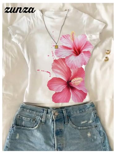 Image of RoseSeek Girl's Floral Graphic Crop Tops Tees Short Sleeve Crewneck Cute Slim Fit T Shirt Summer Tops