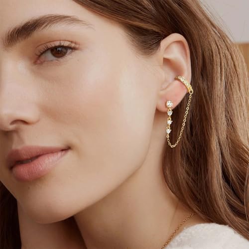 LOYATA Dangle Chain Earrings for Women-Small Gold Cubic Zirconia Drop Long Stud Earrings 14K Gold Plated/925 Sterling Silver Post Hypoallergenic Dangly Earrings Wedding Everyday Ear Jewelry Gifts3