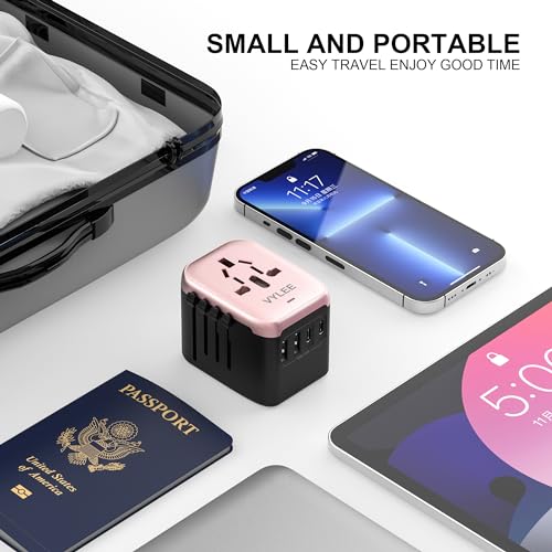 Image of VYLEE Universal Travel Adapter, 5 in 1 International Power Adapter with 3.5A 2xUSB-A & 2xUSB-C Ports, Travel Plug Adapter Worldwide for Europe USA UK AUS Travel Essentials (Rose Gold)