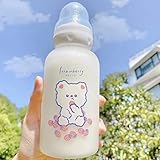 JHTPSLR Strawberry Bear Glass Water Bottle with Nipple Sippy 11oz Kawaii Water Bottle for Adults School Sports Office Cute Frosted Borosilicate Drinking Bottle Portable Water Jug (A)