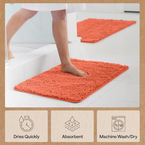 Image of GORILLA GRIP Bath Rug Mat 30x20, Thick Soft Absorbent Chenille, Quick Dry Microfiber Mats, Rubber Backing Washable Shower Floor Rugs, US Designed Bathroom Bathmat Home Decor Accessories, Coral