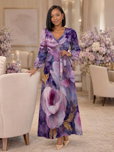 Image of PinkPatty Plus Size Dresses for Curvy Women V Neck Flowy Long Sleeves Wrap Maxi Dress Travel Vacation Outfits