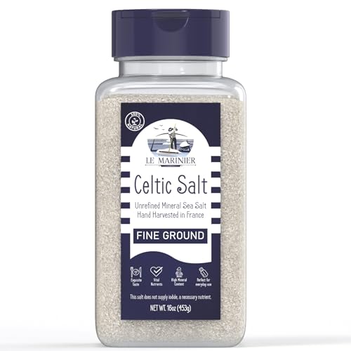 Le Marinier Celtic Salt Organic Fine Ground, 1 lb - 16oz. Mineral Rich 100% Natural and Unrefined. Refillable Salt Shaker. French Sea Salt with Vital Minerals. Hand Harvested (1 lb Fine Ground)