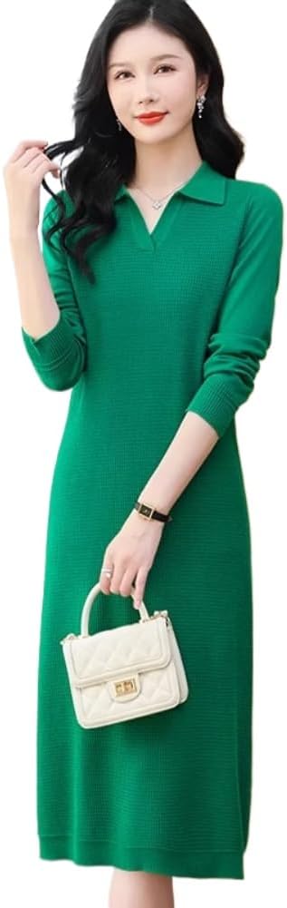 LIXINGHEITANG Spring and Autumn Collar Dress Women's Long Over-The- Loose Casual Lapel Slim Knitted Sweater