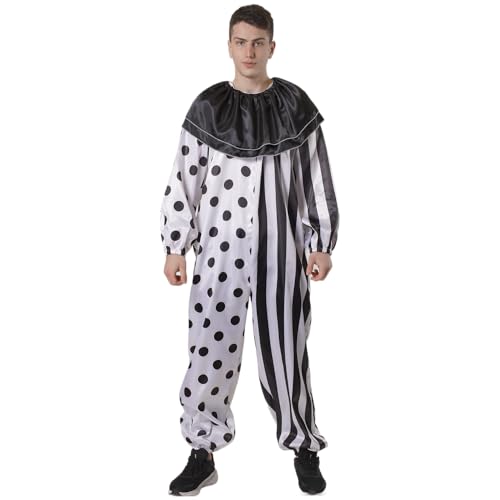 Disfraz Payaso Adulto Halloween Mono Satén Blanco Negro Rayas Lunares con Cuello Volante Hombre Miedo Carnaval Cosplay (Mono Negro Blanco Punto Raya, XL)