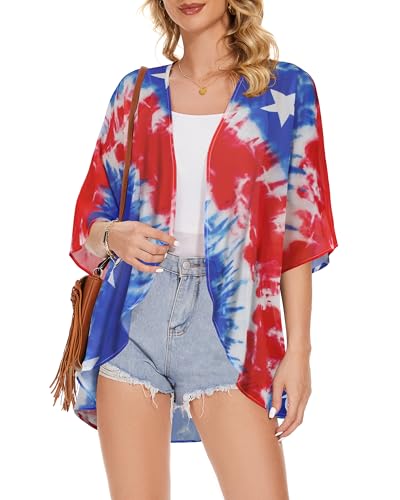 Image of Women's Floral Print Puff Sleeve Kimono Cardigan Loose Cover Up Casual Blouse Tops 2026