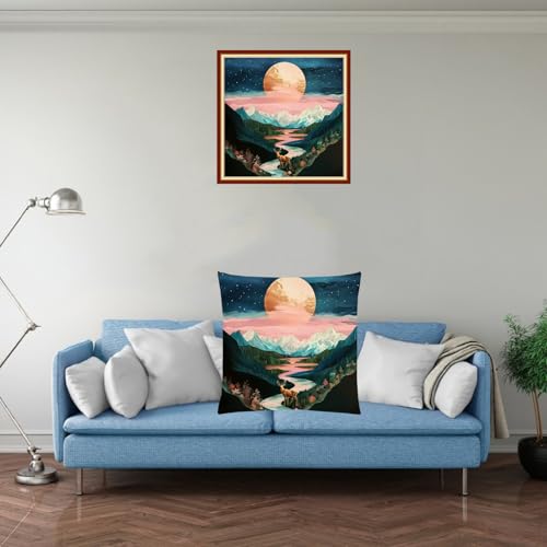 Image of Stamped Cross Stitch Kits for Adults Beginners Pillow Needlepoint Kit with Embroidery Pattern Needlework Kit Prestamped Stitches Kit 11CT Cross Stitching-Mountains, moonlight18x18inch