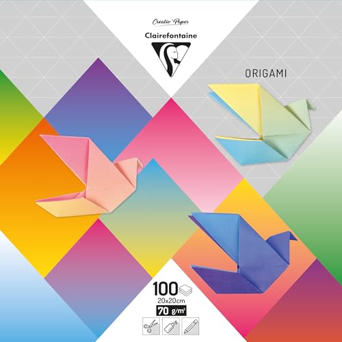 Clairefontaine 95011C - Paquet de 100 Feuilles de Papier Origami 70g/m² - Format 20x20cm - Papier Couleur Lisse et Teinté dans La Masse - Loisirs Créatifs - Assortiment de 10 Couleurs Dégradées
