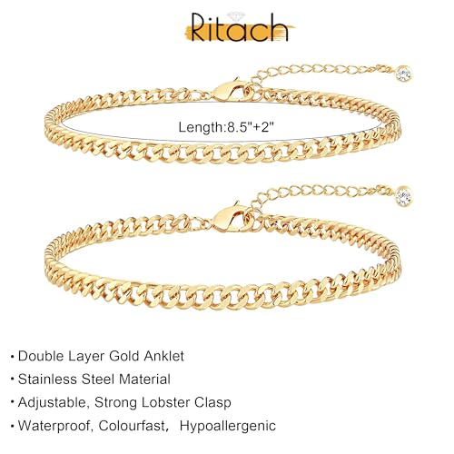 Image of Ritach Ankle Bracelets for Women - Silver /Gold Plated Stainless Steel Anklets for Women Waterproof Layered Cuban Link Figaro Chain Heart Anklets Set Summer Beach Jewelry Gifts
