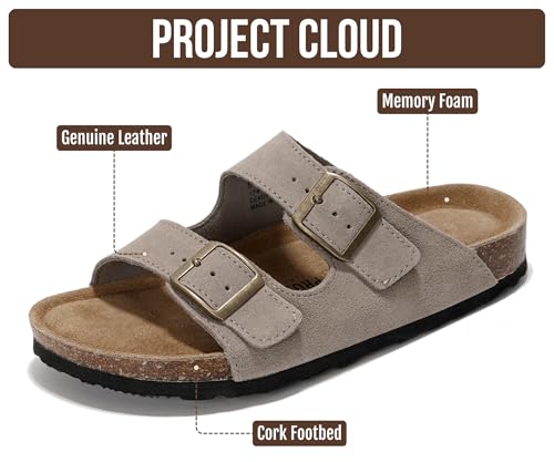 Image of Project Cloud 100% Genuine Leather Flat Sandals For Women 2026 Cork Footbed Womens Sandals with Memory Foam and arch support Vacation Essentials Slides for Women Footwear (Venita)