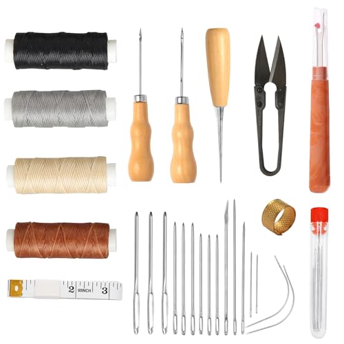 BINJCE Kit Couture Cuir 46 Pièces – Aiguilles, Fil Ciré 4 Couleurs & Alêne, Outils pour Réparation et Couture Manuelle, Siège Auto, Chaussures, Sac