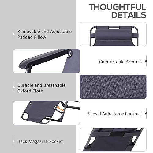 Outsunny Tanning Chair, 2-In-1 Beach Lounge Chair & Camping Chair W/Pillow & Pocket, Adjustable Chaise For Sunbathing Outside, Patio, Poolside, Gray #TOP4