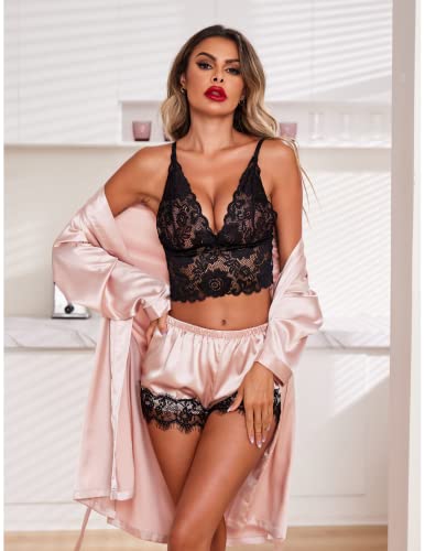 Ekouaer Sexy Pajama Set For Women 3Pcs Floral Lace Trim Pjs Silk Sleepwear With Robe Lingerie Set A-Pink #TOP1