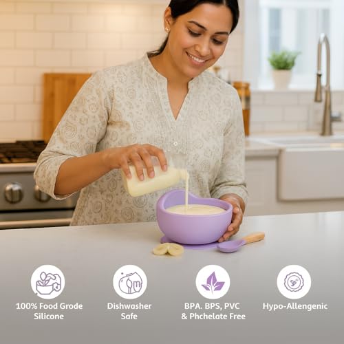 Image of Baby Feeding Bowl & Spoon Set | Silicone Suction Bowl for Baby Food | BPA-Free Baby Bowl and Spoon Set | (Lavender)