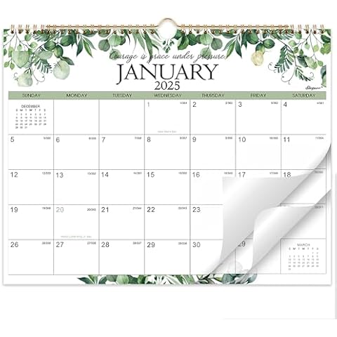 Calendar 2025 - Wall Calendar 2025, Jan.2025 - Dec.2025,14.5" x 11", 2025 Wall Calendar, Thick Paper, Twin-Wire Binding + Hanging Hook + Unruled Blocks with Julian Date - Green Leaves Cover