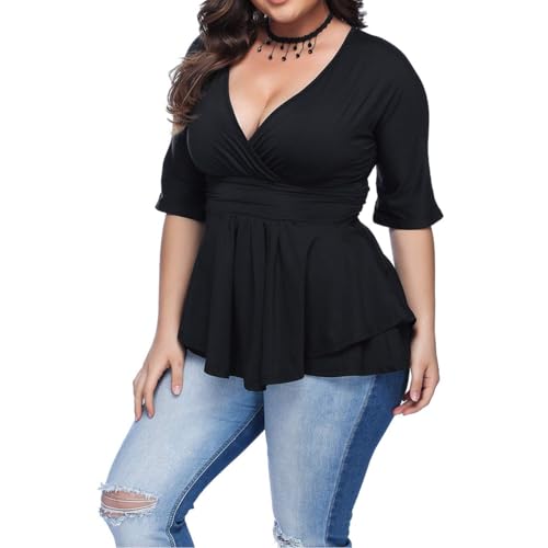 Women's Plus Size Blouse Sexy Deep V Neck Pleated Short Sleeve Ruched Promenade Tops3