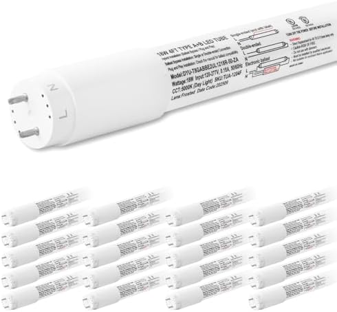 hykolity 20 Pack 4FT LED T8 Hybrid Type A+B Light Tube, 5000K, 18W, 2300LM