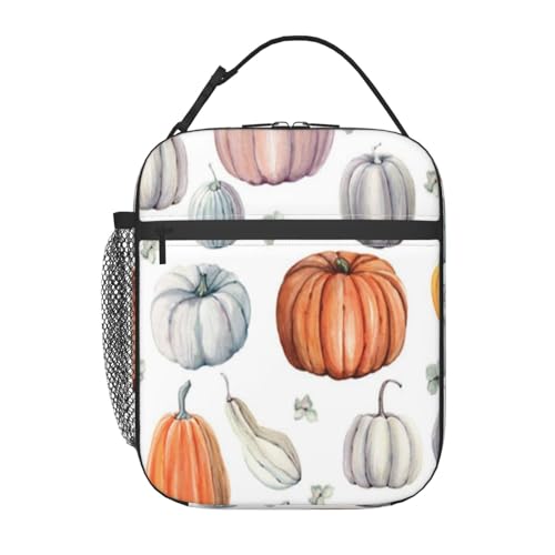 ポータブル断熱ランチバッグ。防水性と漏れ防止性を備え、スタイリッシュで丈夫。仕事、学校、アウトドア活動に最適です。男性にも女性にも適しています。(秋の水彩画のカボチャ。感謝祭やハロウィンのデザインレシピに最適です。)