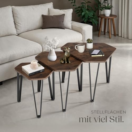 tectake® 3er Set Beistelltisch, sechseckiger Couchtisch in 3 Größen, Möbel für Sofa, Couch, Deko Wohnzimmer, als Blumenständer oder Schlafzimmer Nachttisch - Industrial Dunkelbraun – Bild 3