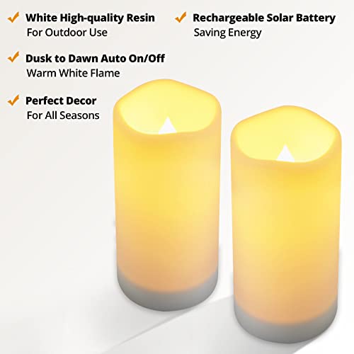 Image of NURADA Large Outdoor Solar Powered Candles - Flameless Pillar Waterproof Rechargeable Candle Set, White Resin, LED Light, Rechargeable Solar Battery Included, Waterproof for Patio Decor 3.25 inch x 6 inch