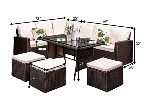 Image of DEVOKO 6-Pcs Conversation Wicker Sofa Dining Table, Outdoor Patio Furniture Set with Cushions for Garden, Poolside, Balcony (Dark Brown and Cream)